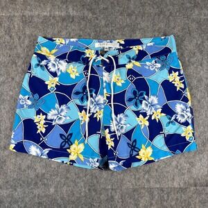 Parke & Ronen Swim Trunk Shorts Men 32x4 Floral Hawaiian Blue Drawstring Lined